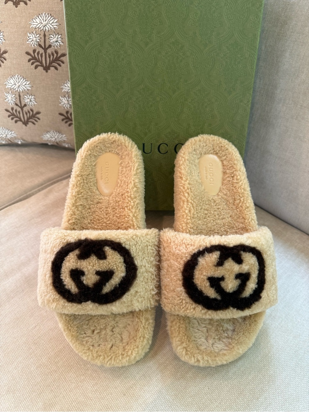 Gucci Eileen Merino Wool Interlocking GG Slide Sandals Slides Cocoa Brown 40